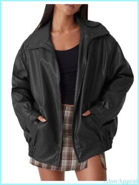 Womens Oversized Faux Leather Moto Jacket Zip Up Outwear Coat with Pockets